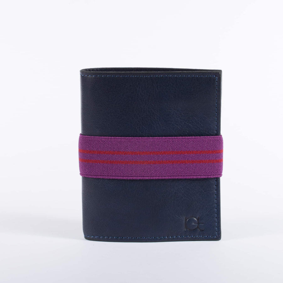 Man's leather Wallet color blu with elastic ribbon