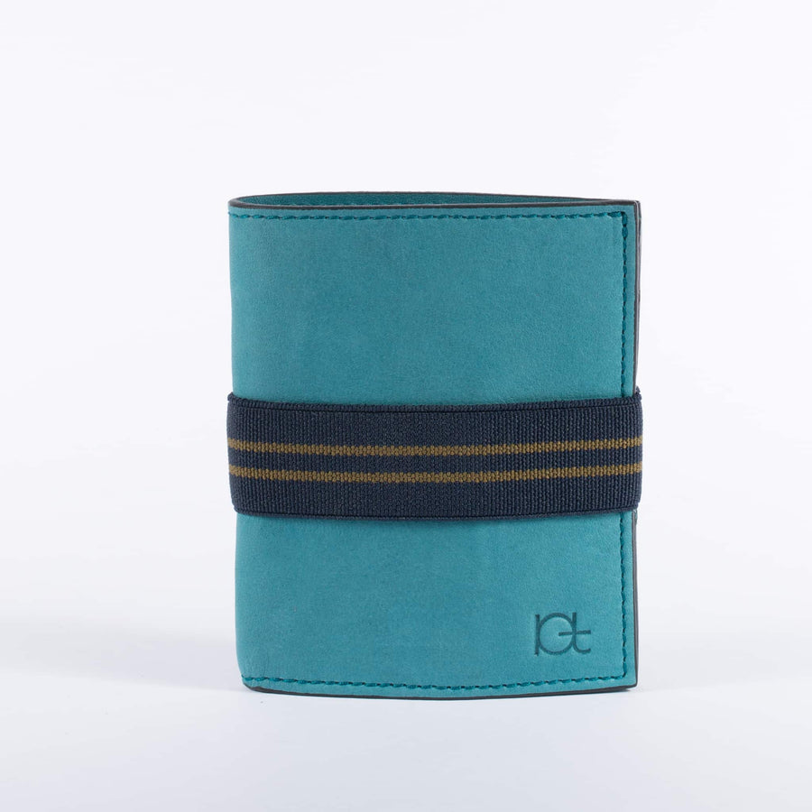 Man's leather Wallet color petrolio with elastic ribbon