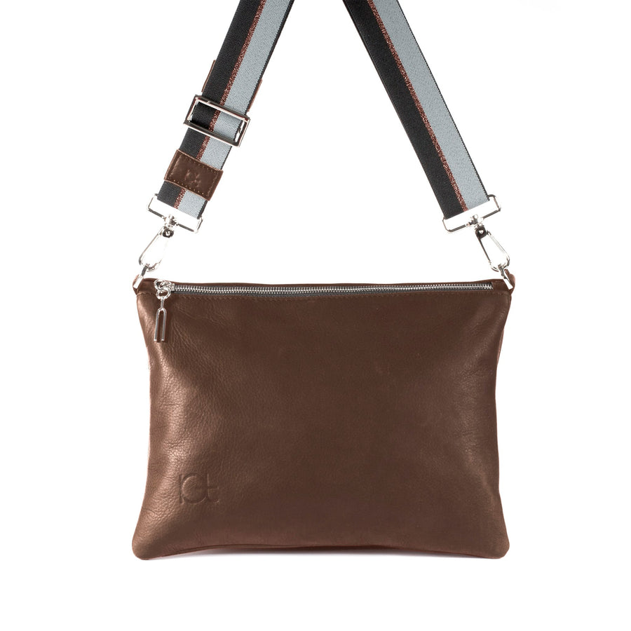 Leather Bag Sella color choko  handmade with an elastic shoulder strap 
