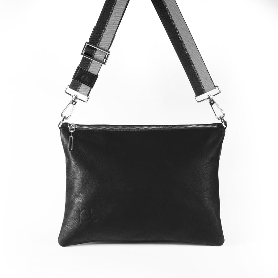 Leather Bag Sella color black  handmade with an elastic shoulder strap 