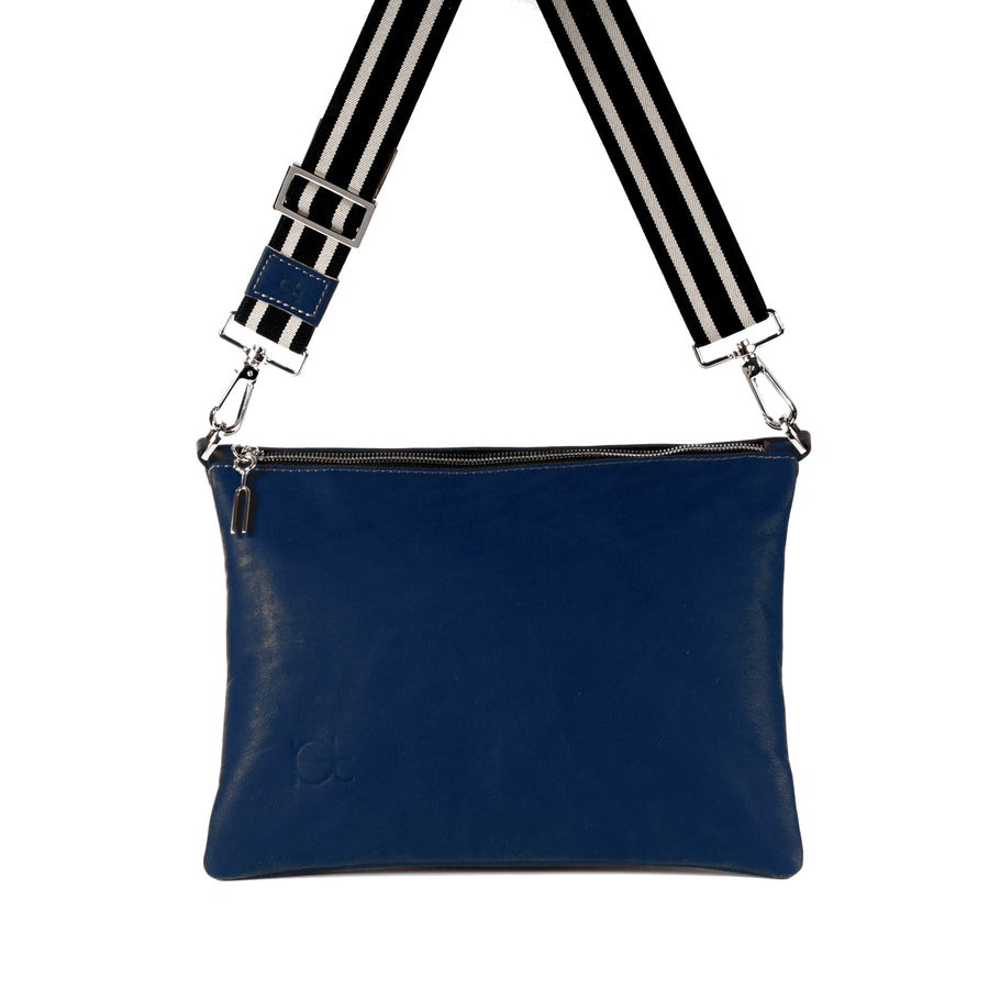 Leather Bag Sella color blu  handmade with an elastic shoulder strap 