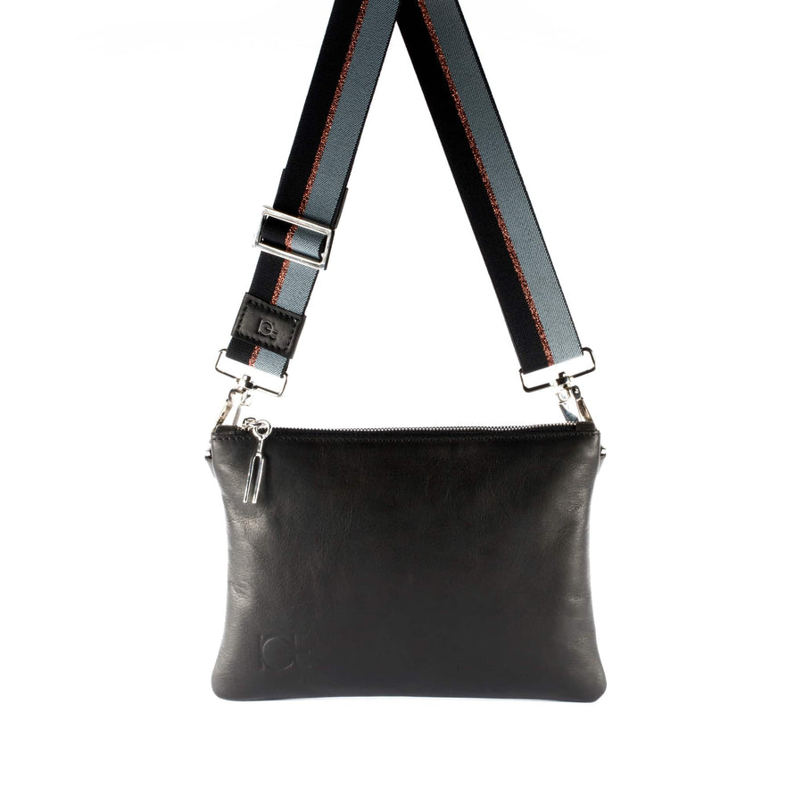 Leather Bag Tasca color black handmade with an elastic shoulder strap 
