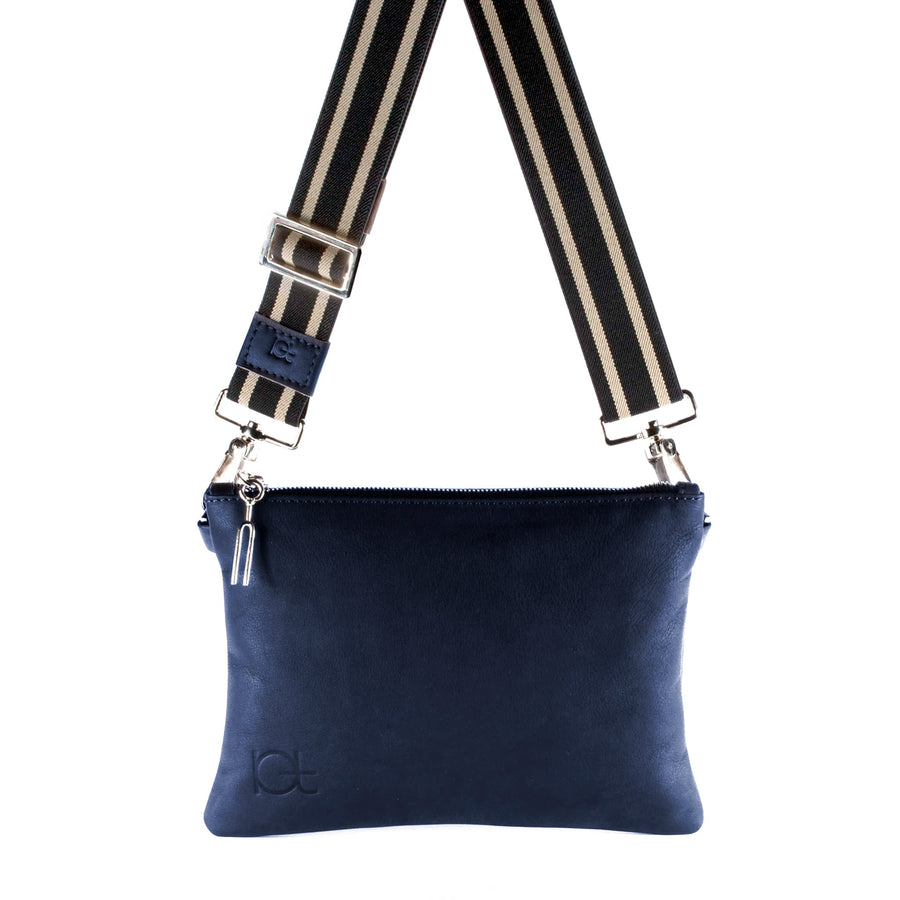 Leather Bag Tasca color blu handmade with an elastic shoulder strap 