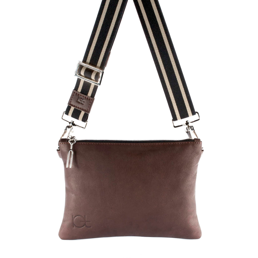 Leather Bag Tasca color choko handmade with an elastic shoulder strap