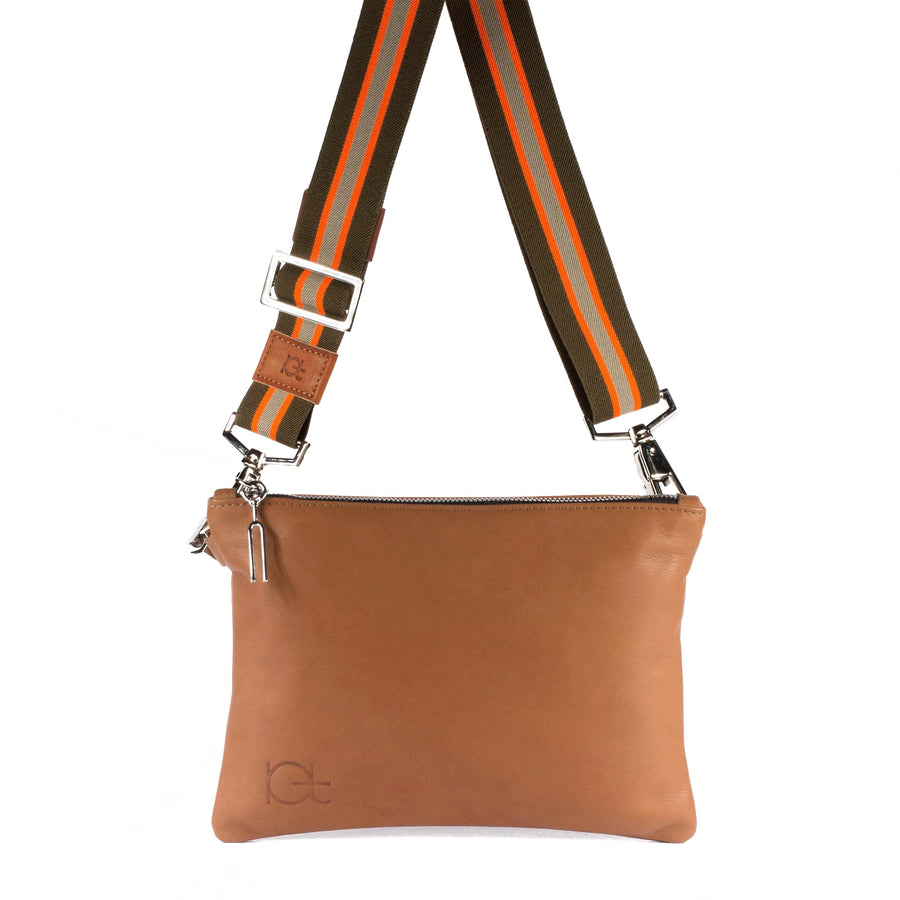 Leather Bag Tasca color cognac handmade with an elastic shoulder strap