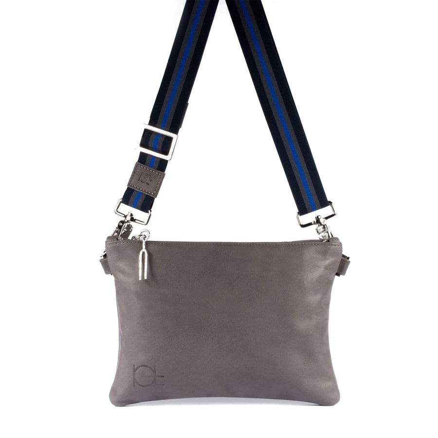Leather Bag Tasca color fumo handmade with an elastic shoulder strap 