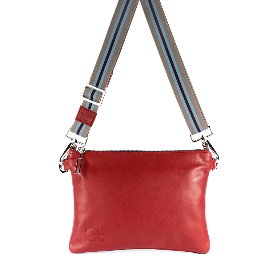 Leather Bag Tasca color rubino handmade with an elastic shoulder strap