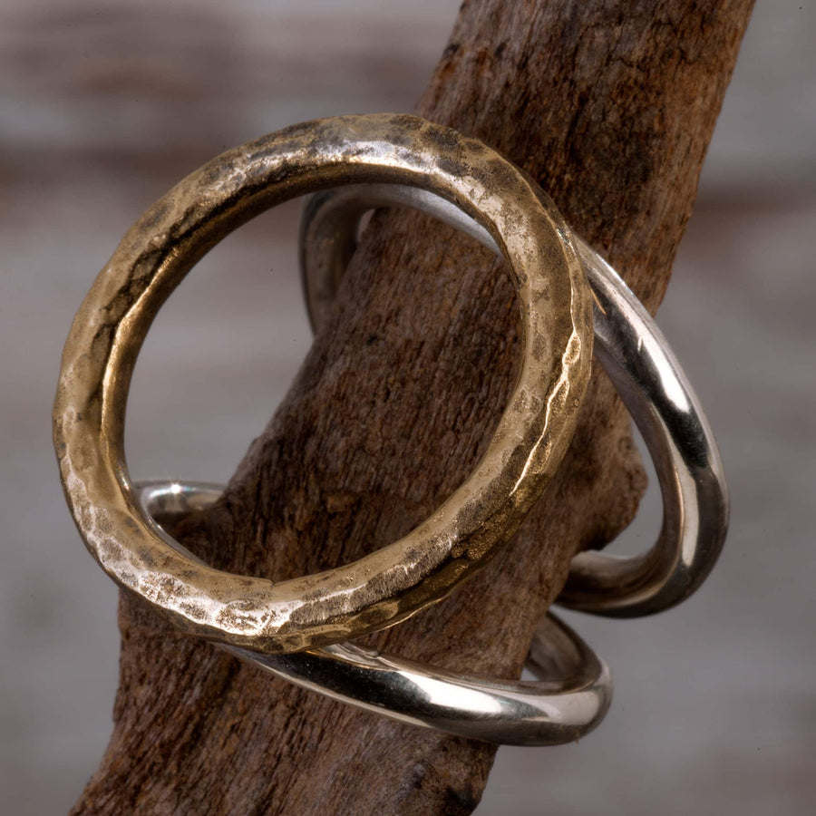 ring Trio hammared bronze and smooth silver handmade