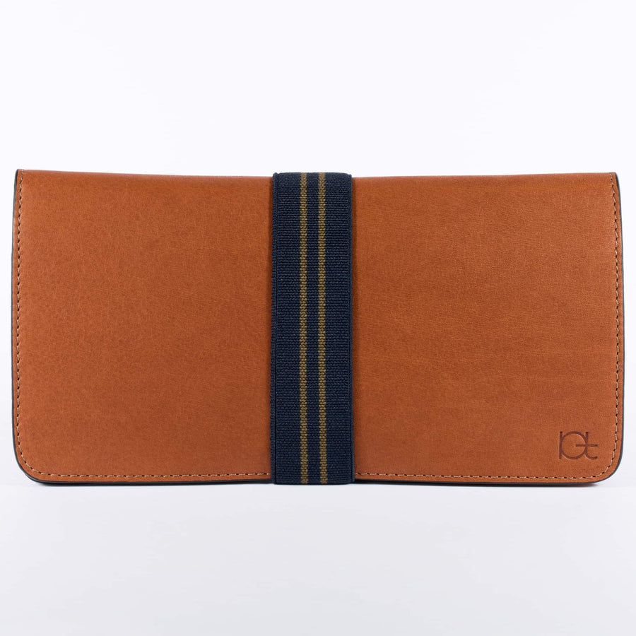 Women's leather Wallet color cognac handmade with elastic band 